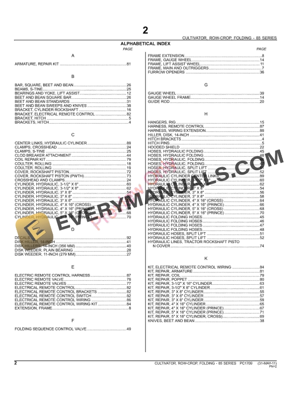 John Deere 85 Series Folding Row-Crop Cultivator Parts Catalog PC1709 31MAY11-4