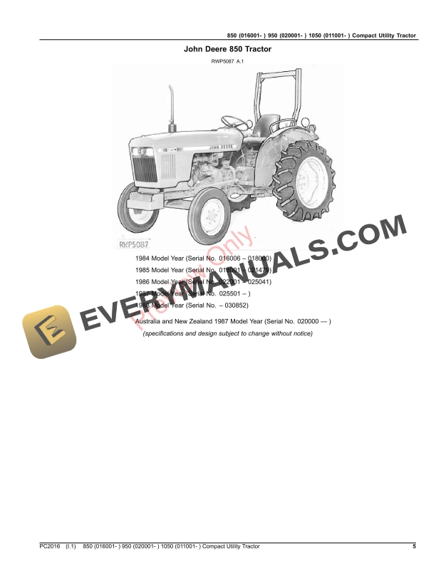 John Deere 850 (016001-) 950 (020001-) AND 1050 (011001 Parts Catalog PC2016 17OCT23-5