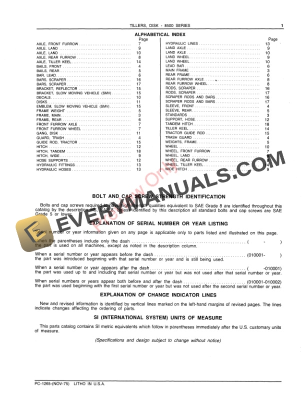 John Deere 8500 Series Disk Tillers Parts Catalog PC1265 01NOV75-3