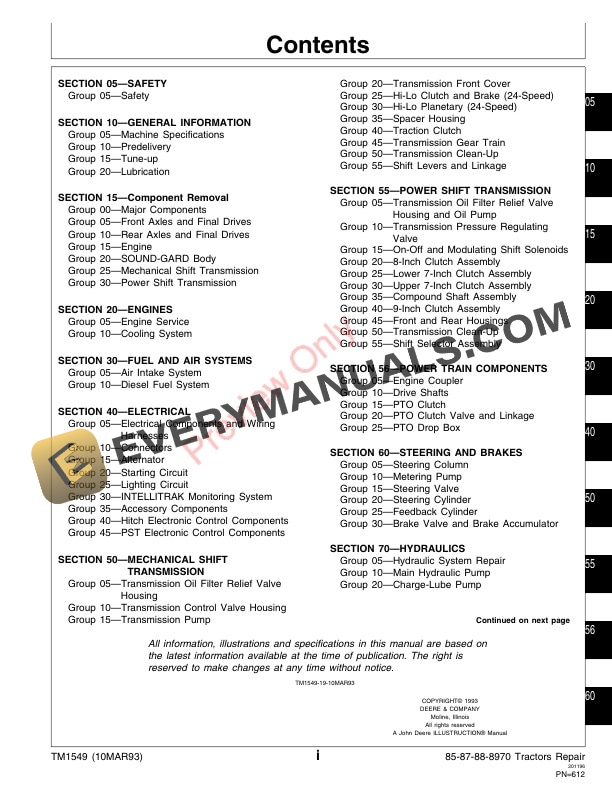 John Deere 8570 8770 8870 and 8970 Tractors Technical Manual TM1549 10MAR93 3