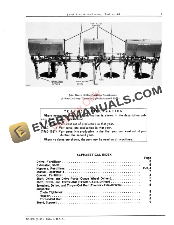 John Deere 86 Bed Fertilizer Attachment Parts Catalog PC835 01MAR65-3
