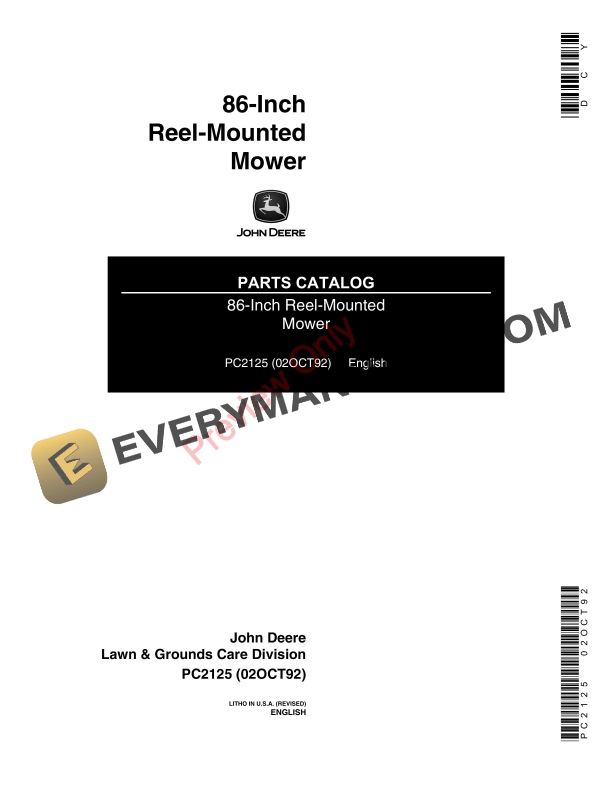 John Deere 86-Inch Reel-Mounted Mower Parts Catalog PC2125 02OCT92-1