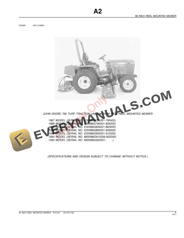John Deere 86-Inch Reel-Mounted Mower Parts Catalog PC2125 02OCT92 4 John Deere 86-Inch Reel-Mounted Mower Parts Catalog PC2125 02OCT92-3
