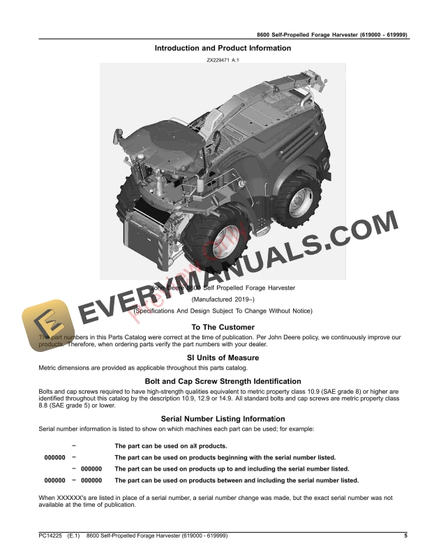 John Deere 8600 Self-Propelled Forage Harvester (619000 – 619999) Parts Catalog PC14225 15OCT23-5