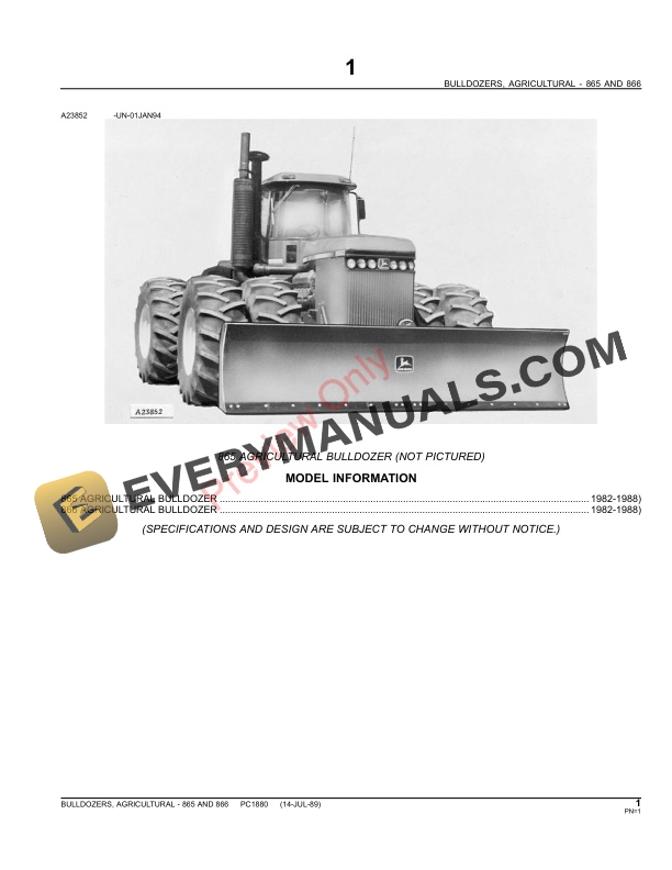 John Deere 865, 866 Agricultural Bulldozers Parts Catalog PC1880 02JUN11-3