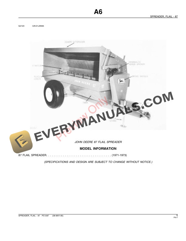 John Deere 87 Flail Spreader Parts Catalog PC1287 08MAY85-3