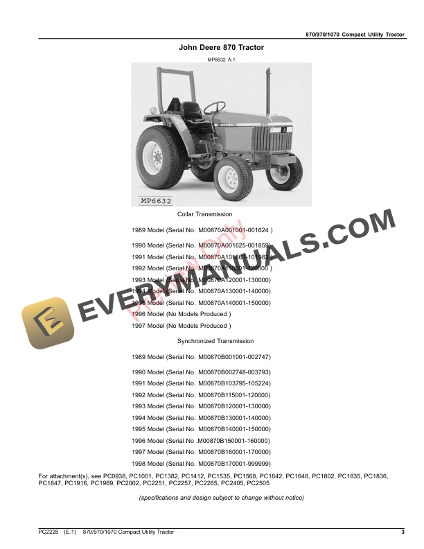 John Deere 870, 970 AND 1070 COMPACT UTILITY TRACTORS Parts Catalog PC2228 06AUG23 4 John Deere 870, 970 AND 1070 COMPACT UTILITY TRACTORS Parts Catalog PC2228 06AUG23-3