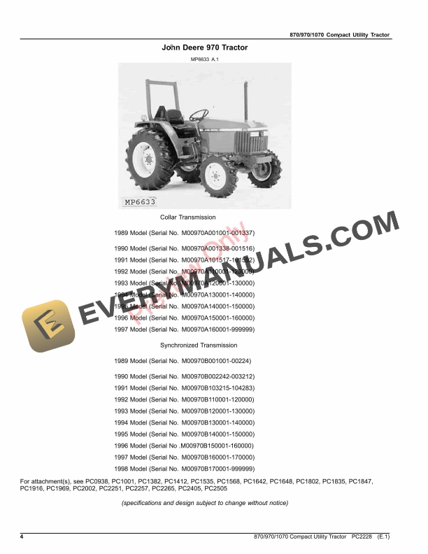 John Deere 870, 970 AND 1070 COMPACT UTILITY TRACTORS Parts Catalog PC2228 06AUG23 5 John Deere 870, 970 AND 1070 COMPACT UTILITY TRACTORS Parts Catalog PC2228 06AUG23-4