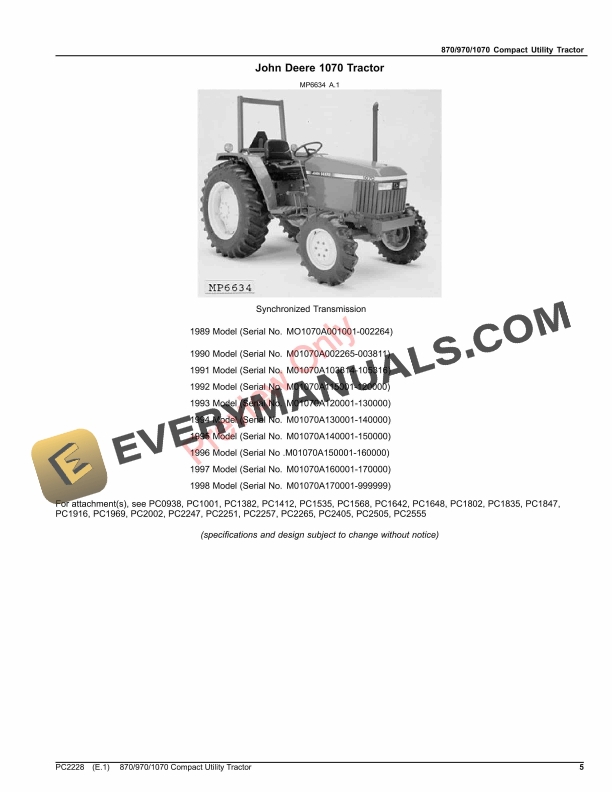 John Deere 870, 970 AND 1070 COMPACT UTILITY TRACTORS Parts Catalog PC2228 06AUG23 6 John Deere 870, 970 AND 1070 COMPACT UTILITY TRACTORS Parts Catalog PC2228 06AUG23-5