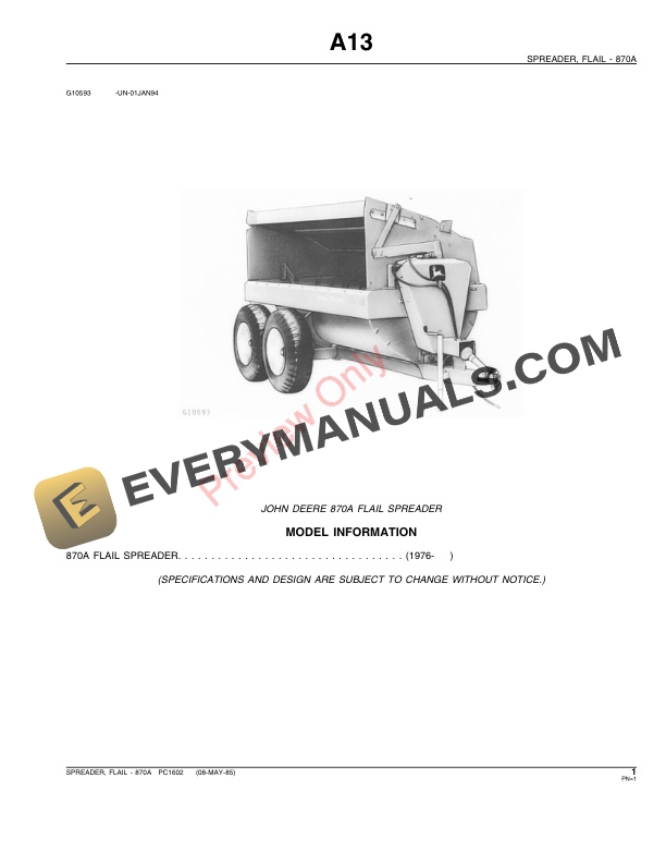 John Deere 870A Flail Spreader Parts Catalog PC1602 08MAY85-3