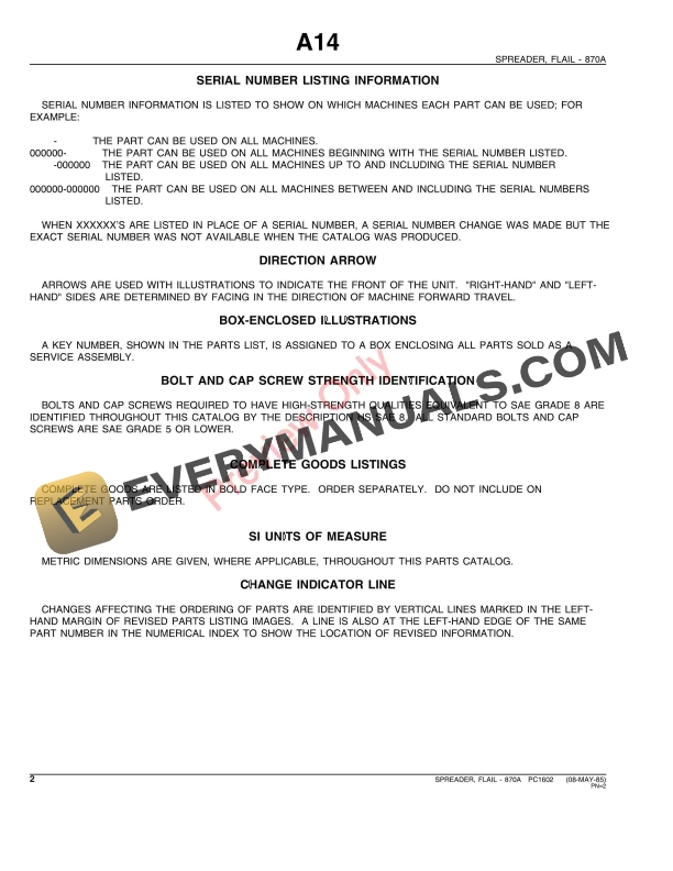 John Deere 870A Flail Spreader Parts Catalog PC1602 08MAY85-4