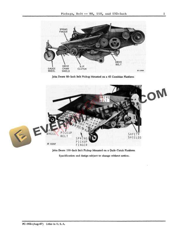 John Deere 88, 110, 132 Inch Belt Pickups Parts Catalog PC902 01MAR67 4 John Deere 88, 110, 132 Inch Belt Pickups Parts Catalog PC902 01MAR67-3