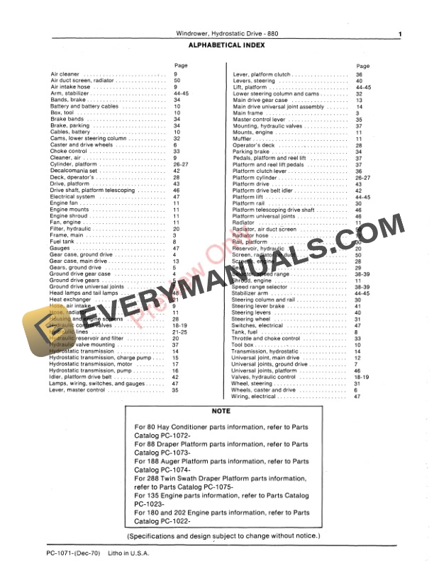 John Deere 880 Hydrostatic Drive Windrower Parts Catalog PC1071 01DEC70 3