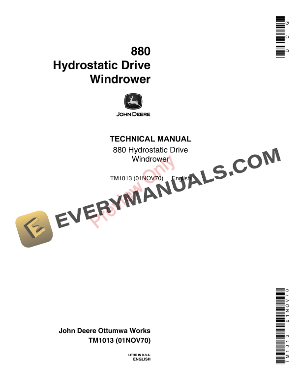John Deere 880 Hydrostatic Drive Windrower Technical Manual TM1013 01NOV70-1