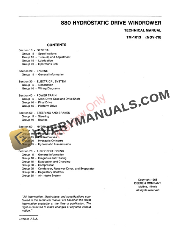 John Deere 880 Hydrostatic Drive Windrower Technical Manual TM1013 01NOV70 3