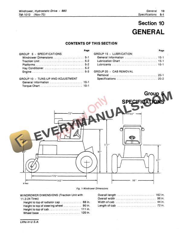 John Deere 880 Hydrostatic Drive Windrower Technical Manual TM1013 01NOV70 5