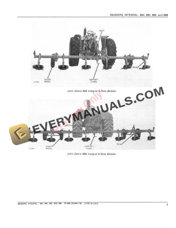 John Deere 884, 885, 886, 888 Integral Bedder Parts Catalog PC886 05MAY78-3