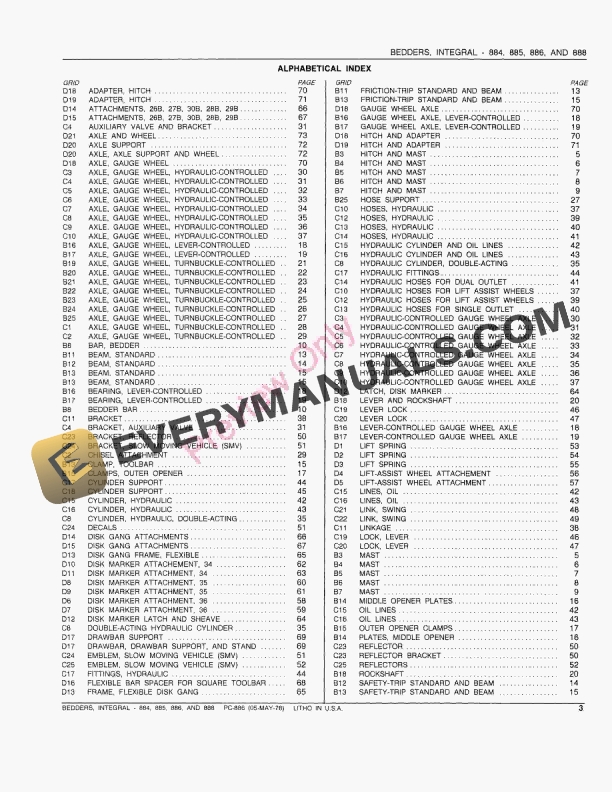 John Deere 884, 885, 886, 888 Integral Bedder Parts Catalog PC886 05MAY78-5