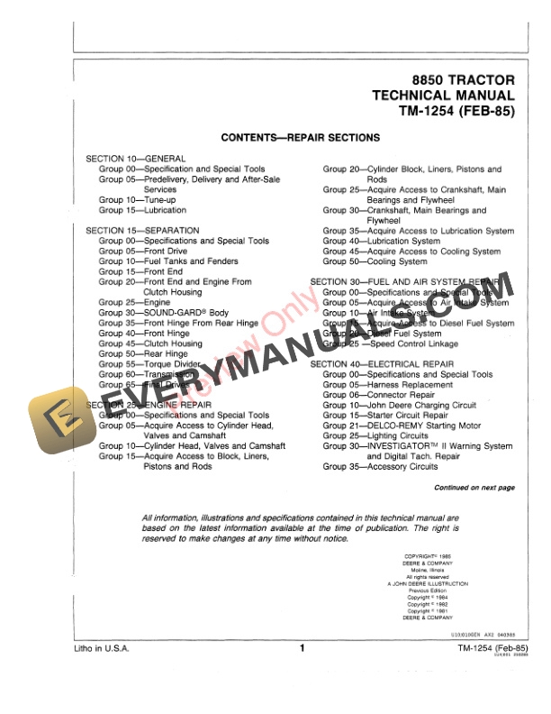 John Deere 8850 Tractor Technical Manual TM1254 01FEB85 3