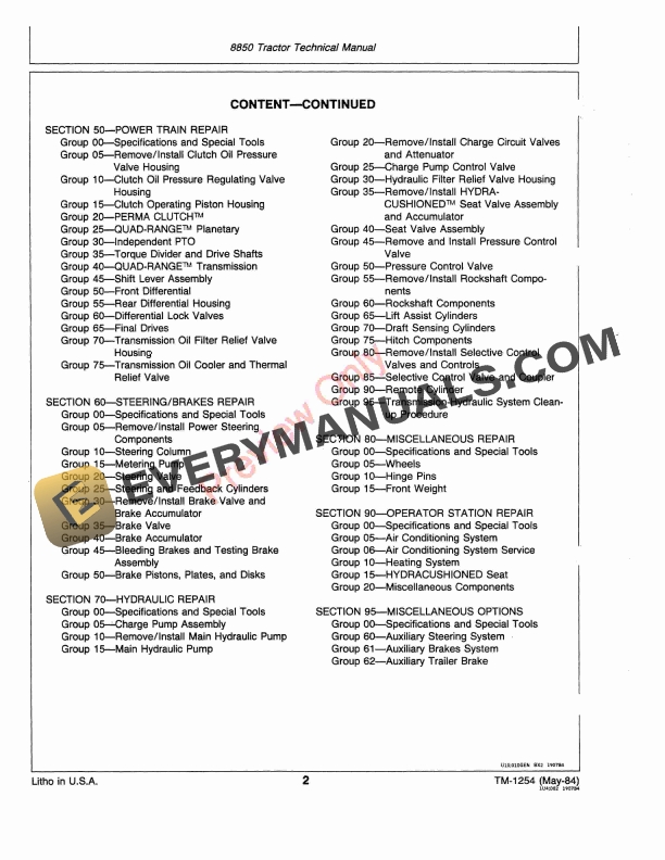 John Deere 8850 Tractor Technical Manual TM1254 01FEB85 4