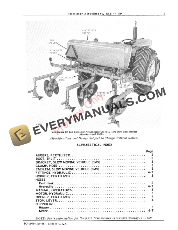 John Deere 89 Bed Fertilizer Attachment Parts Catalog PC1101 01JAN68 3