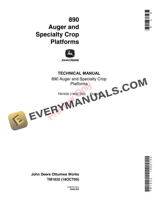 John Deere 890 Auger and Specialty Crop Platforms Technical Manual TM1632 18OCT00-1