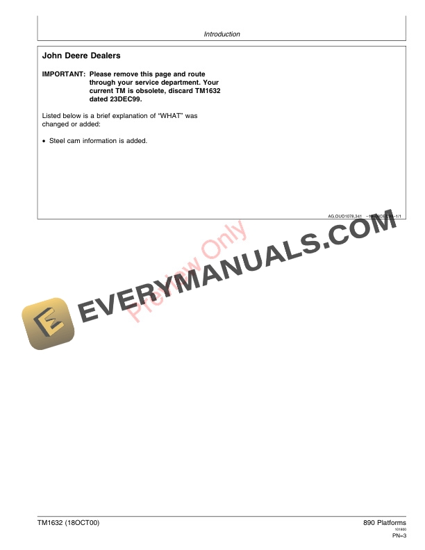 John Deere 890 Auger and Specialty Crop Platforms Technical Manual TM1632 18OCT00 3