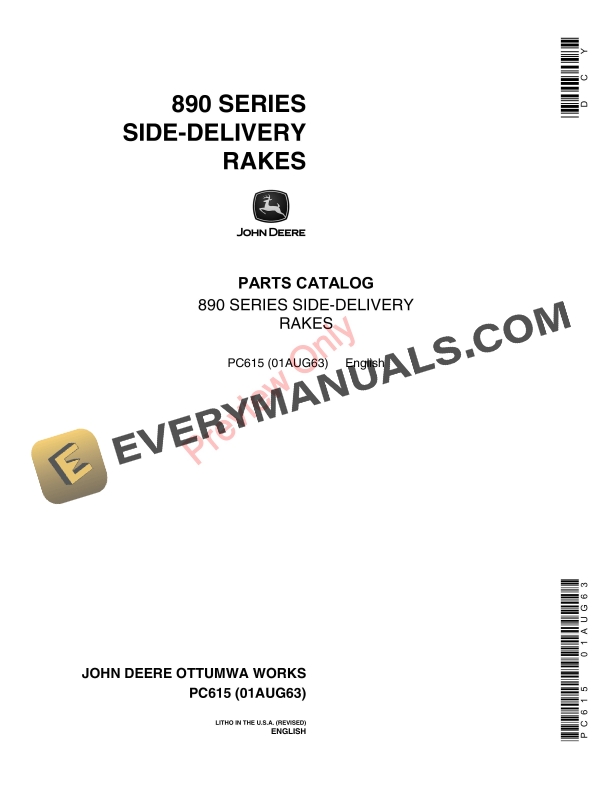 John Deere 890 Series Side-Delivery Rakes Parts Catalog PC615 01AUG63-1