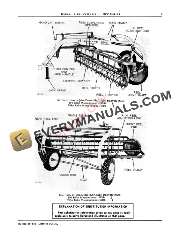 John Deere 890 Series Side-Delivery Rakes Parts Catalog PC615 01AUG63-3