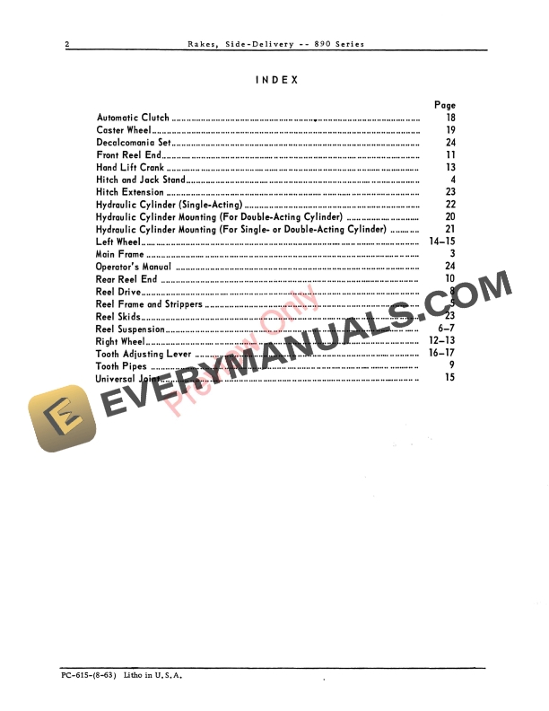John Deere 890 Series Side-Delivery Rakes Parts Catalog PC615 01AUG63-4