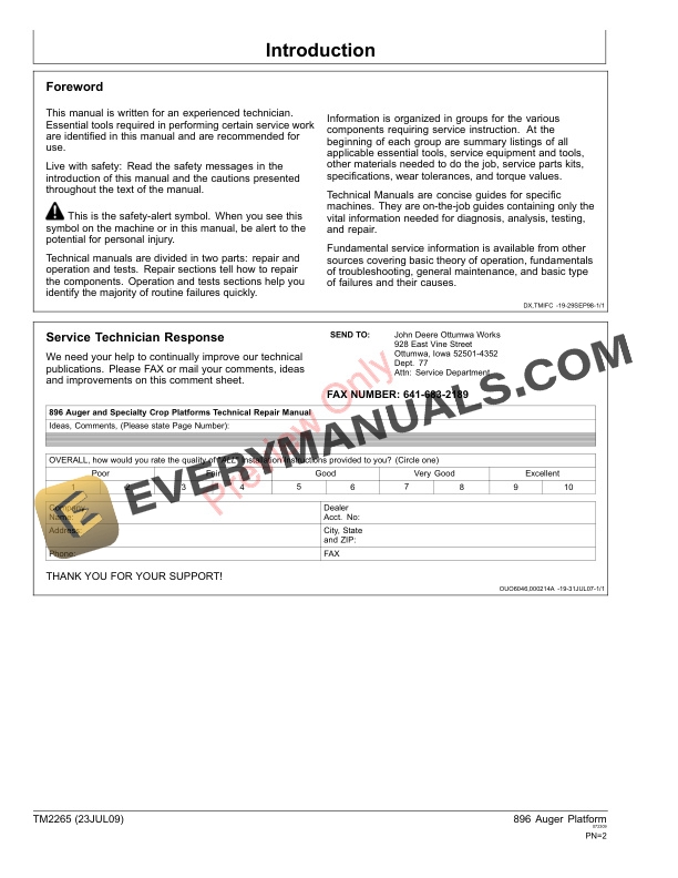John Deere 896 Auger Platform Technical Manual TM2265 23JUL09 2