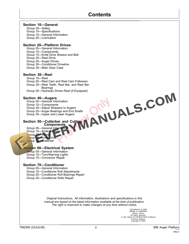 John Deere 896 Auger Platform Technical Manual TM2265 23JUL09 3