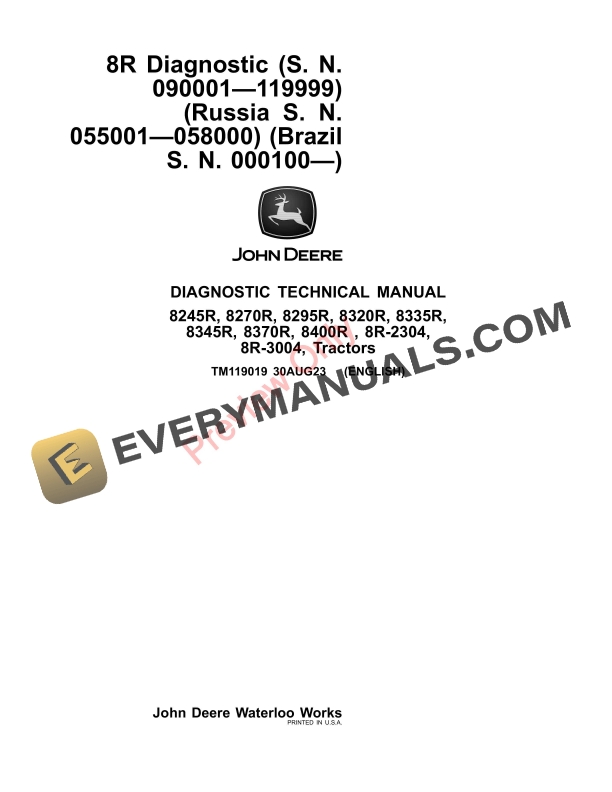 John Deere 8245R 8270R 8295R 8320R 8335R 8345R 8370R & 8400R Tractors Diagnostics and Test Manual TM119019 30AUG23 PDF