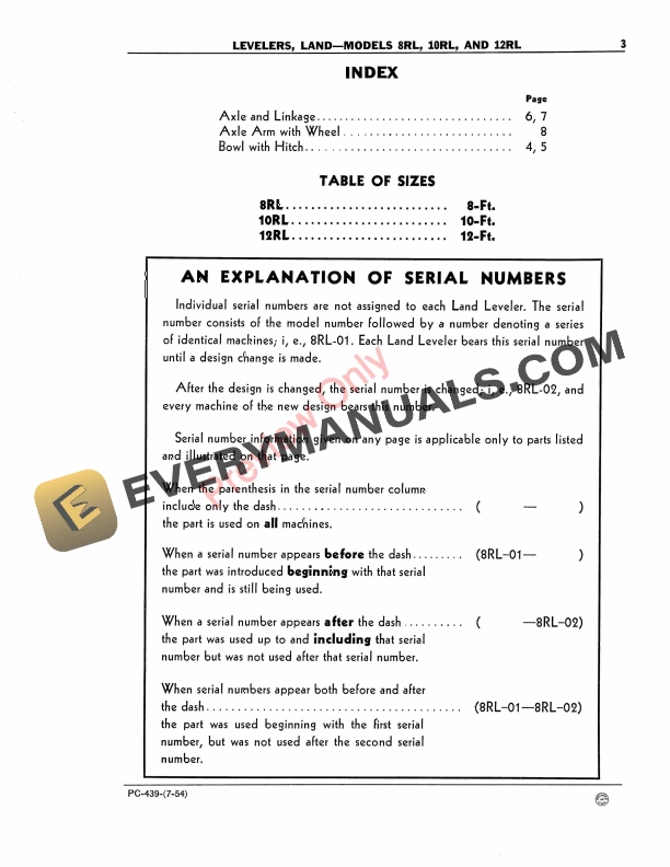 John Deere 8RL, 10RL, 12RL Land Leveler Parts Catalog PC439 01JUL54-5