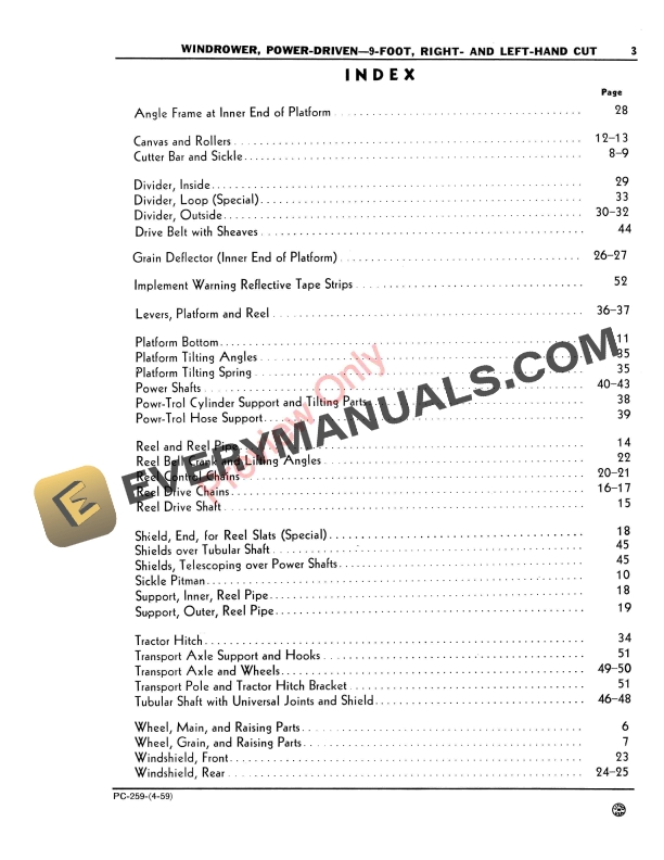 John Deere 9 Foot Power-Driven Windrower Parts Catalog PC259 01APR59-5