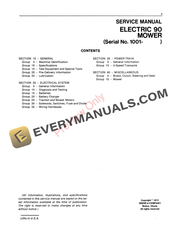 John Deere 90, 96 Riding Electric Mowers Service Manual SM2098 01JUN73 4 John Deere 90 96 Riding Electric Mowers Service Manual SM2098 01JUN73 3