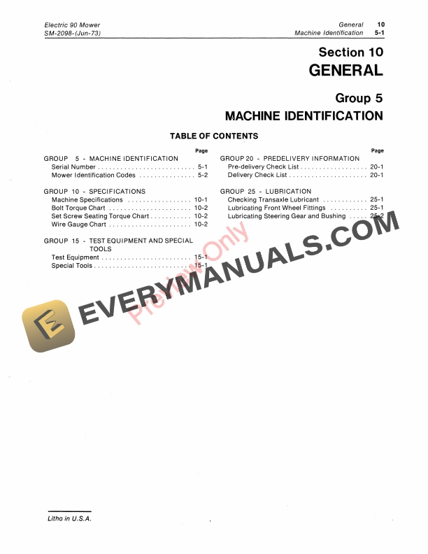 John Deere 90, 96 Riding Electric Mowers Service Manual SM2098 01JUN73 6 John Deere 90 96 Riding Electric Mowers Service Manual SM2098 01JUN73 5