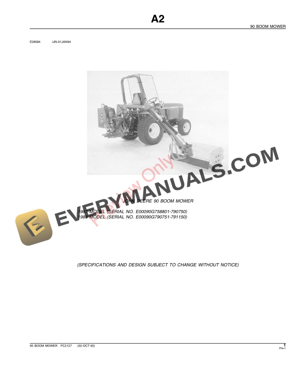 John Deere 90 Boom Mower Parts Catalog PC2127 02OCT92-3