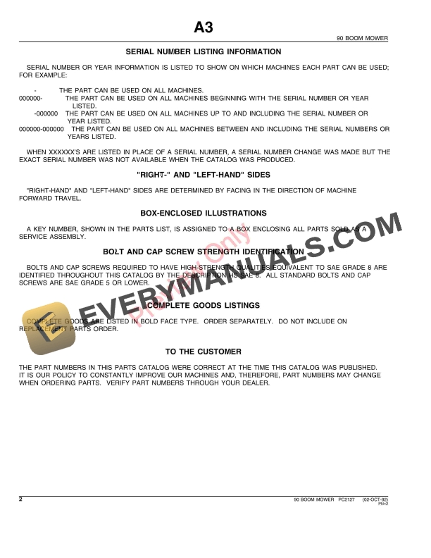 John Deere 90 Boom Mower Parts Catalog PC2127 02OCT92-4