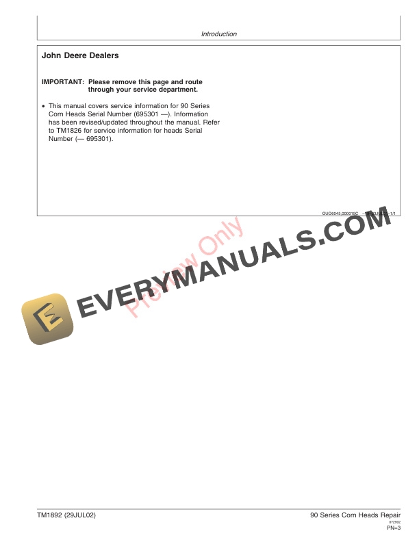 John Deere 90 Series Corn Heads 695301 Technical Manual TM1892 29JUL02 3