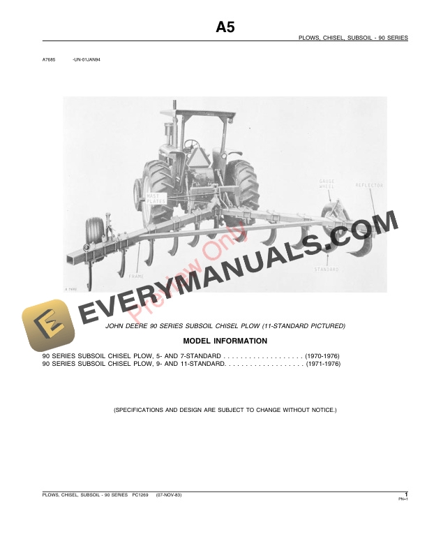 John Deere 90 Series Subsoil Chisel Plows Parts Catalog PC1269 24SEP85-3