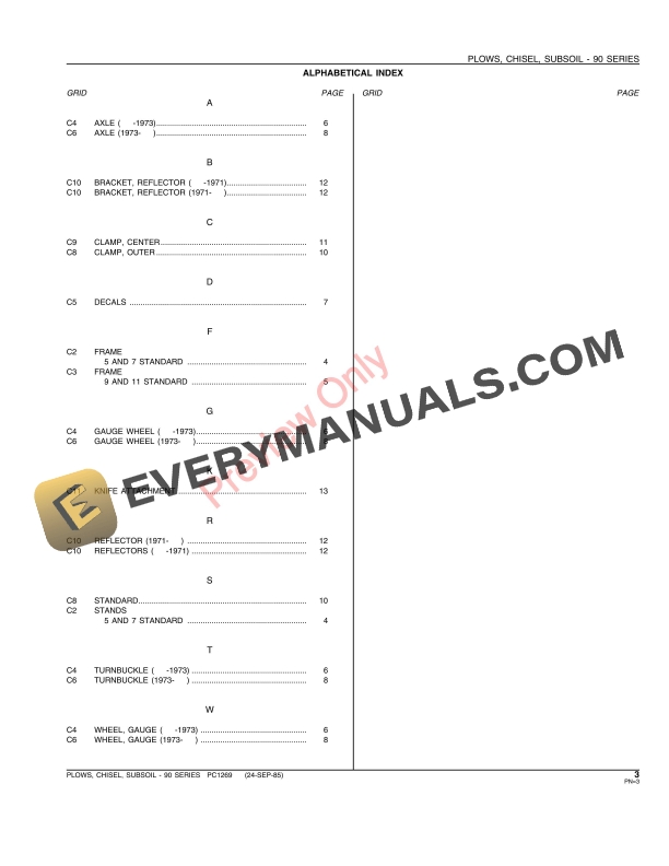 John Deere 90 Series Subsoil Chisel Plows Parts Catalog PC1269 24SEP85-5