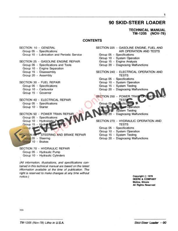 John Deere 90 Skid Steer Loader Technical Manual TM1205 01NOV78 3