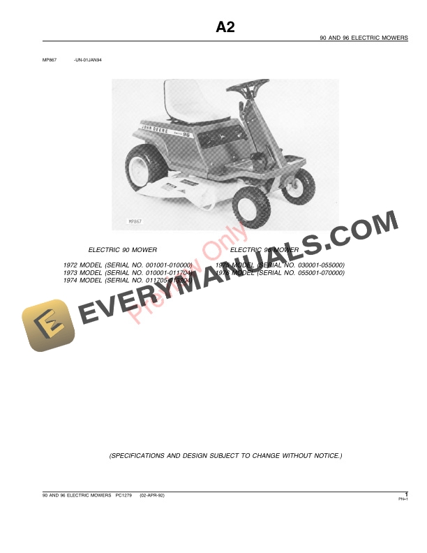 John Deere 90 and 96 Riding Electric Mower Parts Catalog PC1279 02APR92 4 John Deere 90 and 96 Riding Electric Mower Parts Catalog PC1279 02APR92-3