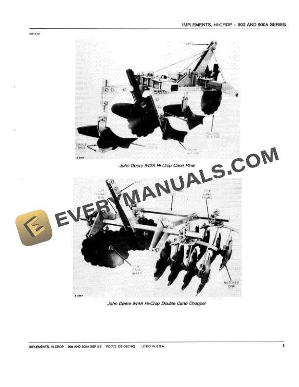 John Deere 900, 900A Series Hi-Crop Implements Parts Catalog PC773 09DEC80-3