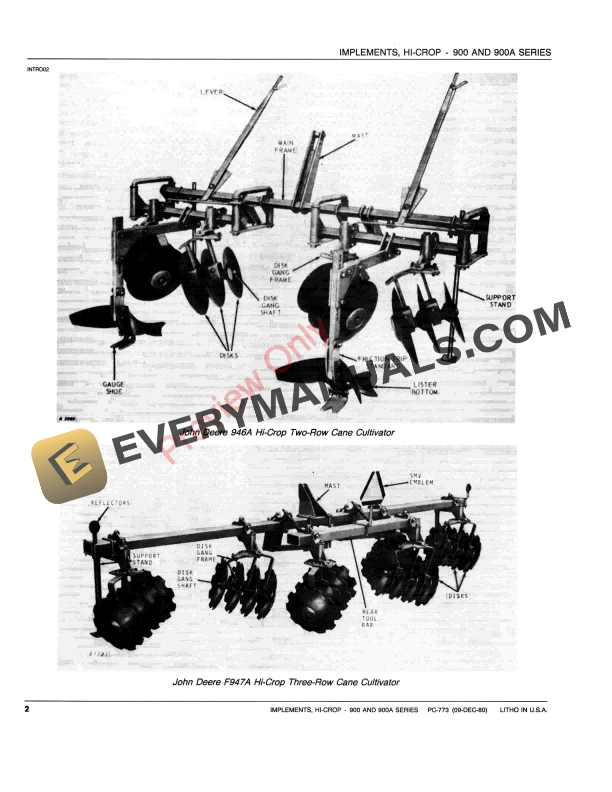 John Deere 900, 900A Series Hi-Crop Implements Parts Catalog PC773 09DEC80-4