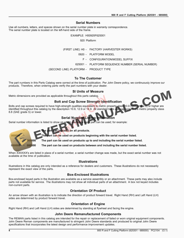 John Deere 900 R and F Cutting Platform (625301 - 685000) Parts Catalog PC2104 24SEP21 5 John Deere 900 R and F Cutting Platform (625301 – 685000) Parts Catalog PC2104 24SEP21-4