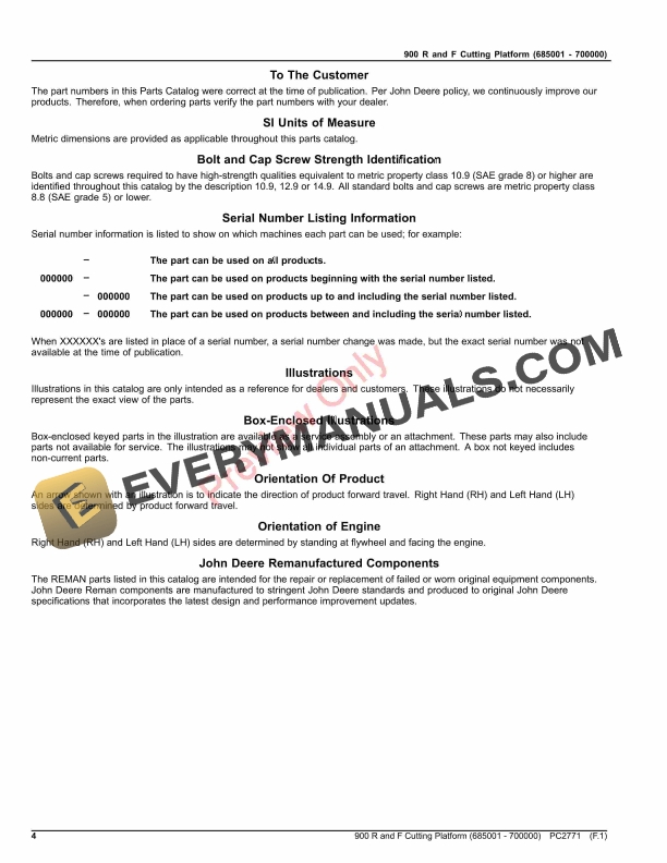 John Deere 900 R and F Cutting Platform (685001 - 700000) Parts Catalog PC2771 24SEP21 5 John Deere 900 R and F Cutting Platform (685001 – 700000) Parts Catalog PC2771 24SEP21-4