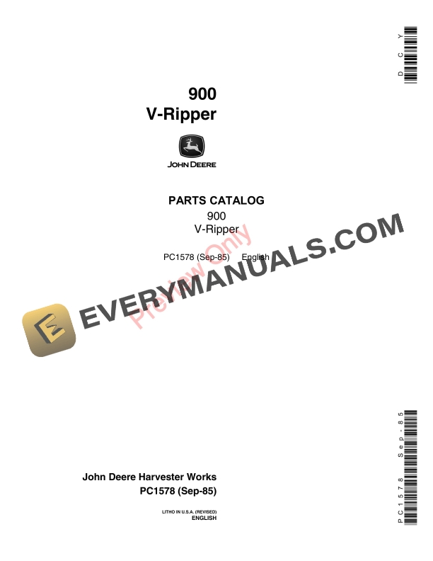 John Deere 900 V-Ripper Parts Catalog PC1578 24SEP85-1