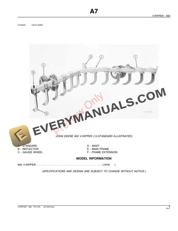 John Deere 900 V-Ripper Parts Catalog PC1578 24SEP85-3